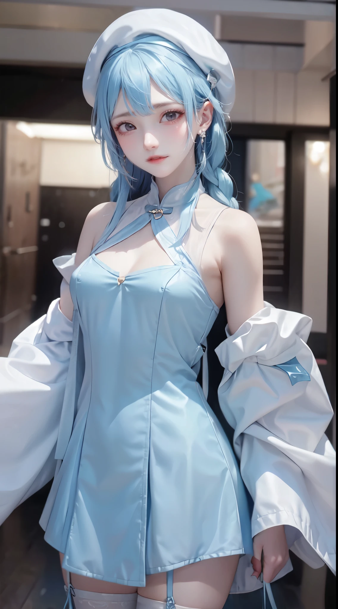 Light blue hair、Blue Eyes、Girl、beret、Lady、Braid、Short、Girl