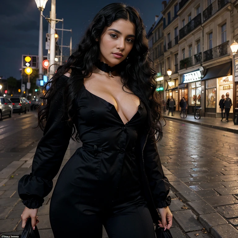 sensual gypsy, very beautiful, long curly black hair, bright suit, 19th century, Paris, street, 