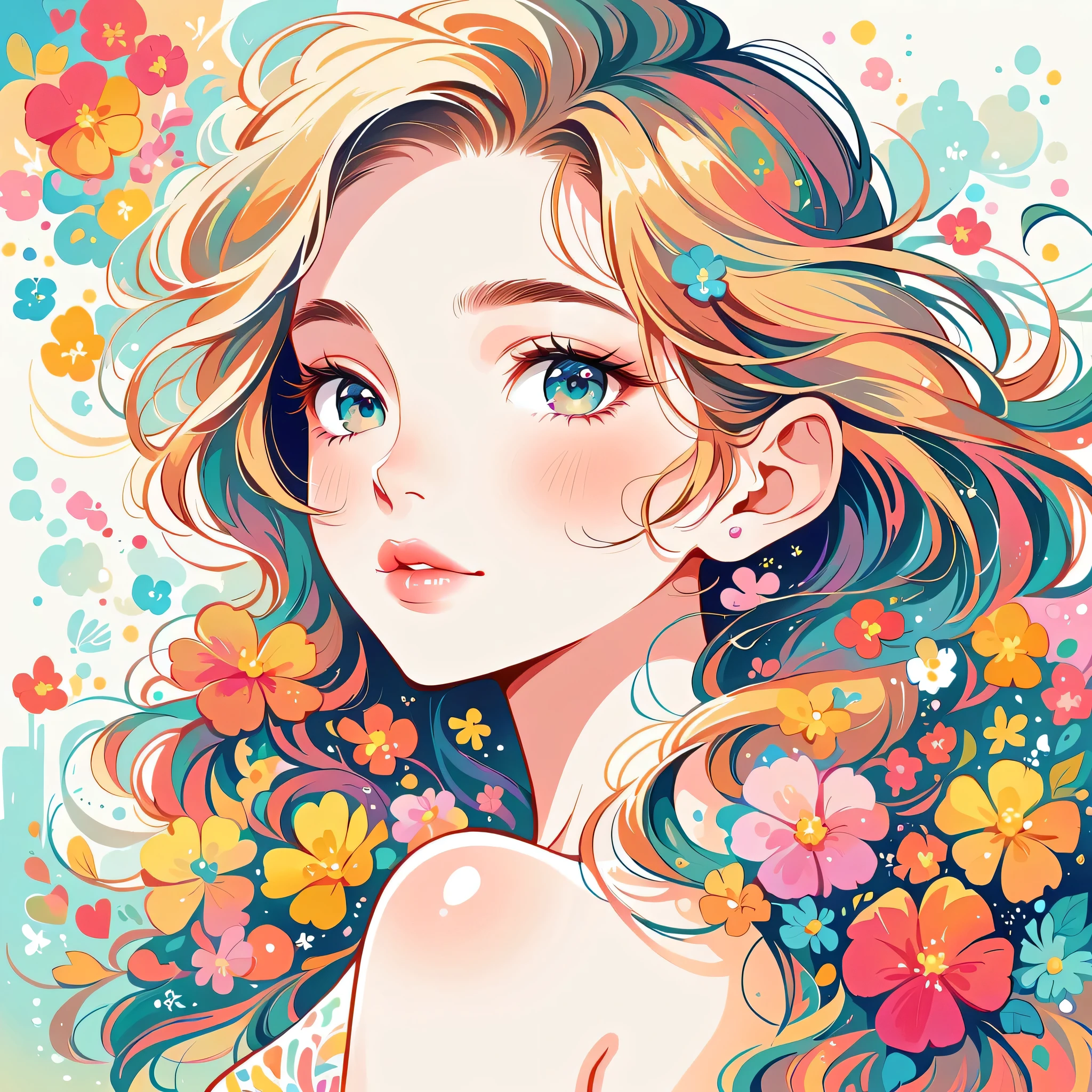 Takashi Murakami style、The most beautiful girl of all time、Lips in Love、Colorful flowers、Simple line initials、Abstract art、Urban Background, Lips in Love, Love and Hopes