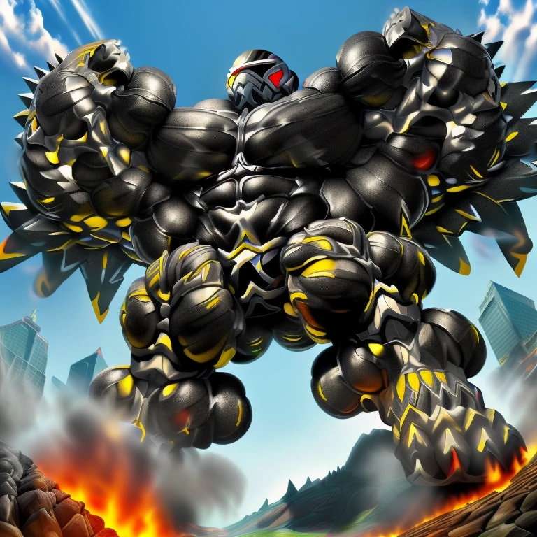 (Incineroar, 8K), (Masterpiece, highres), (wearing crNanosuit, crNanosuit, black visor, black nanosuit), (Detailed head, Detailed Body, Detailed abs, full body), (gigantic muscles, Gigachad Muscular, big muscle, pecs, triceps, traps, unusually developed muscular body, body full of huge muscles. showing off muscles, pectorales enormes, Exaggeratedly huge muscles.), (nj5furry, The claws are sharp, Sharp teeth, sharp claws), (long legs), (black wings, Spread wings, It has wings, have big wings), (black color hyper penis, hyper black penis, penis), (Incineroar in stylish nanosuit), (bodybuilder, the bodybuilding competition, huge muscular bodybuilder with extraordinary biceps),