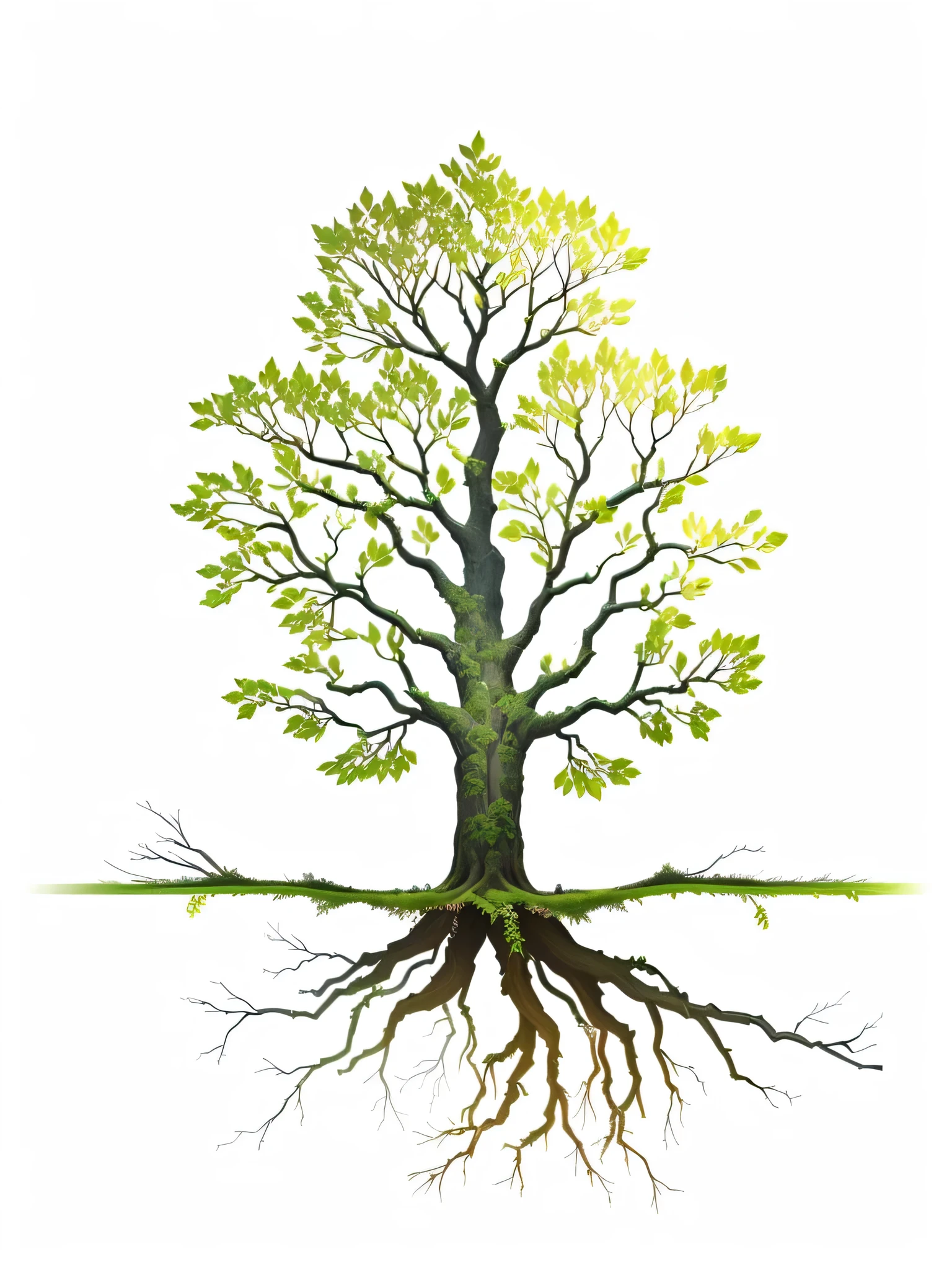 a close up of a tree with green leaves and root, Deep-rooted bloodline, Simple illustration, tree of Life seed of doubt, High root tree background, tree root, Root system, Isolated on white background, HD illustrations, plant root, root, Logo without text, Tree, tree of Life, the tree of Life, polishing : :, trees and plants