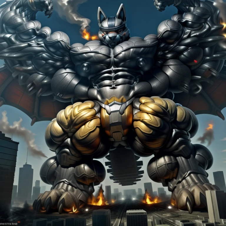 (masterpiece. official art. 8k. best quality. detailed full body. full body.)

(situation 1 : dominating LUCARIO. focus GIANT mechanical Muscular LUCARIO is trampling the CITY. macro. stomp. Low-angle perspective. emphasizing the immense size. The perspective is from below, emphasizing the sheer majesty and power of the Giant. giant art. He is much bigger than a skyscraper. Giga Giants. micro soccer field. looking down.)

(situation 2 :smoke and flames rising from the destruction in the city)

(Additional details 1: wearing a full-face helmet. helmet is jet black. The color of NANOSUIT is jet black. high-tech bio-mecha armor. real texture material. whole body shines like metal. Wearing cyberpunk mecha. emphasizes the muscles. suit fully made of metal. intricate armor. Robotic suit. suit fully made of metal. NANOSUIT with the same design as LUCARIO.).

(Additional details 2: (Detailed head. Detailed Body. Detailed abs. gigantic muscles. HYPER MUSCLES. Gigachad Muscular. big muscle. pecs. triceps. traps. unusually developed muscular body. body full of huge muscles. showing off muscles. pectorales enormes. Exaggeratedly huge muscles. huge muscles. long legs.).

(Additional details 3: nj5furry, Spread wings. It has wings. White have big wings. The claws are sharp. Sharp teeth.5 toes.). 

(Additional details 4: black color hyper penis. hyper black penis. big penis)