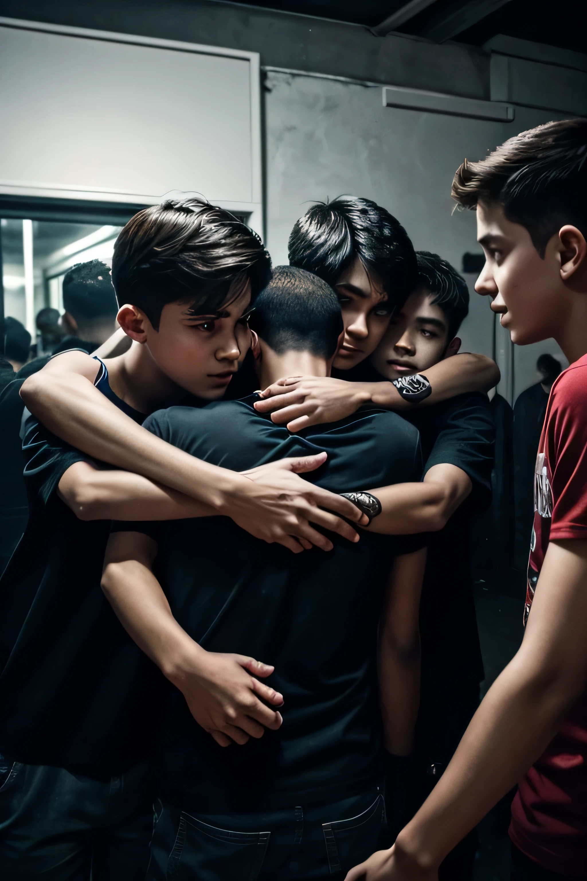 5 friend in a creepy night and in that group a boy was very scared then the leader hug him and the other friend hold his hand tightly