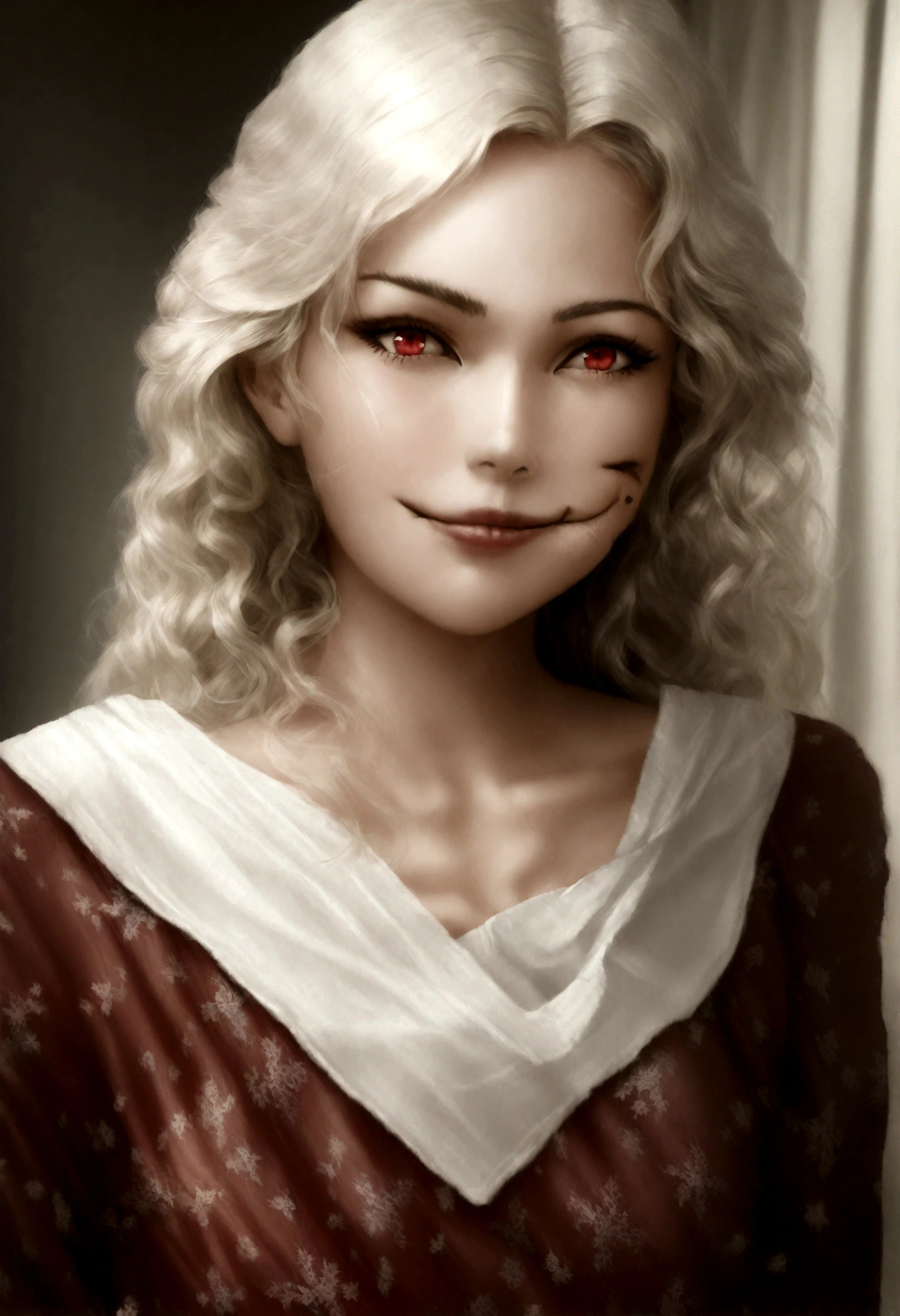 (((a deep reddish cicatrice crosses her left cheek))) teint clair, femme d'environ 19 ans, cheveux blancs naturels, yeux verts distinctifs, porte un top rouge et une jupe noir , mince et gracieux, beau, dans sa chambre , Grand sourire,mise au point ultra nette, realistic shot, tetradic colors (cicatrice:1.4)