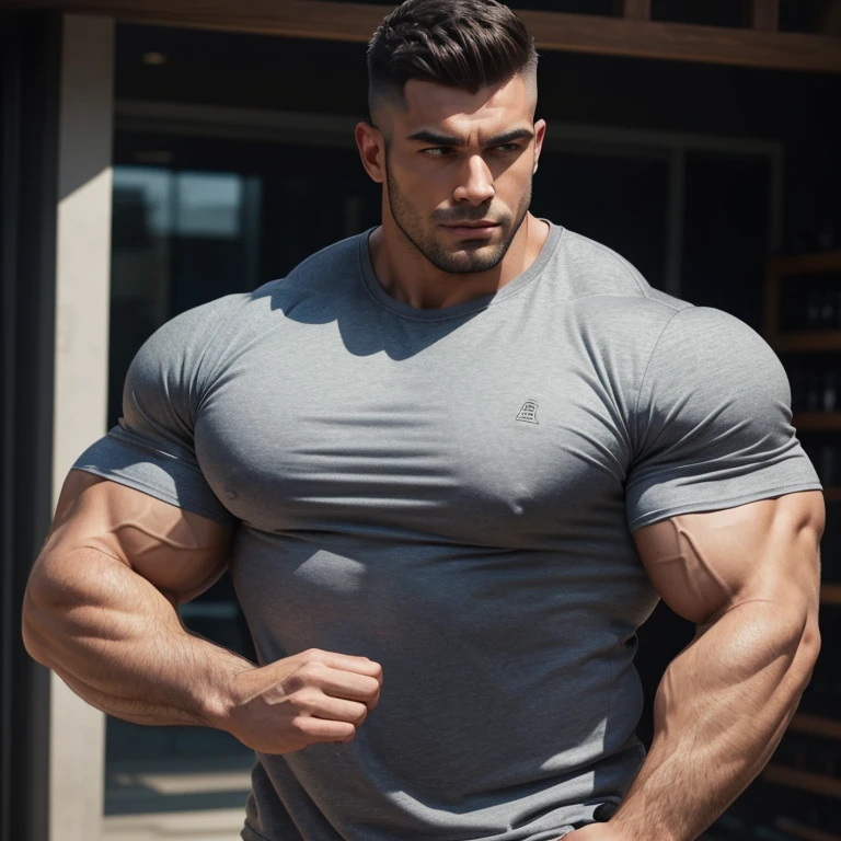 a very handsome man, adult, robust, handsome, cheerful, Mid fade haircut, with massively large muscles, with massively large, muscular and defined body, with massively large and muscular arms and biceps, wearing a gray shirt, in a bright environment seen from very close up