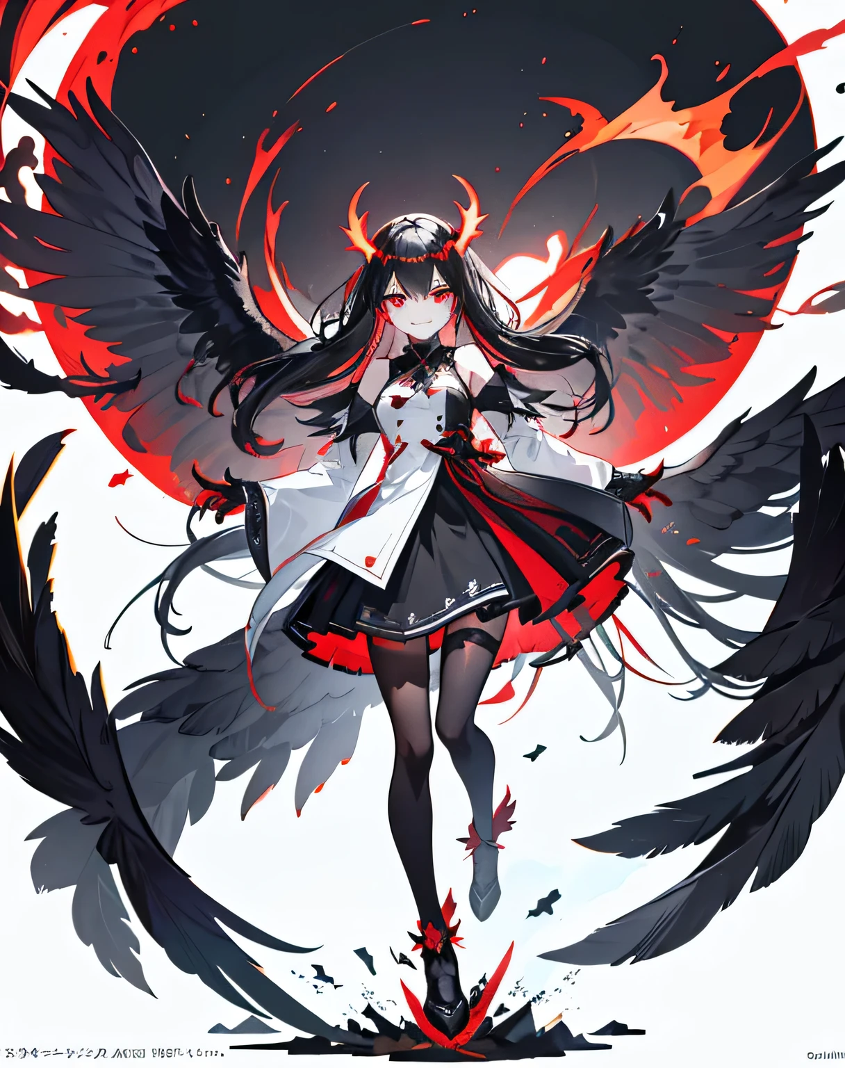Art Station, White Background, Long black hair、Long Black Hair、Standing in the Wilderness,whole body、Equipped with Crow Gauntlets、triumphant smile、Small breasts、, As if smoke and shadows were given shape, Wings made from giant crows, Dancing crow feathers, Many glowing red eyes, Shadow Claw, Supernatural Lightning and Fire, ((black sun)), 8K High Resolution, TrendArt Station、Black color, whole body,Black ruffled dress、A whirlpool of countless red-eyed crows、Nova explosion、Black Hole