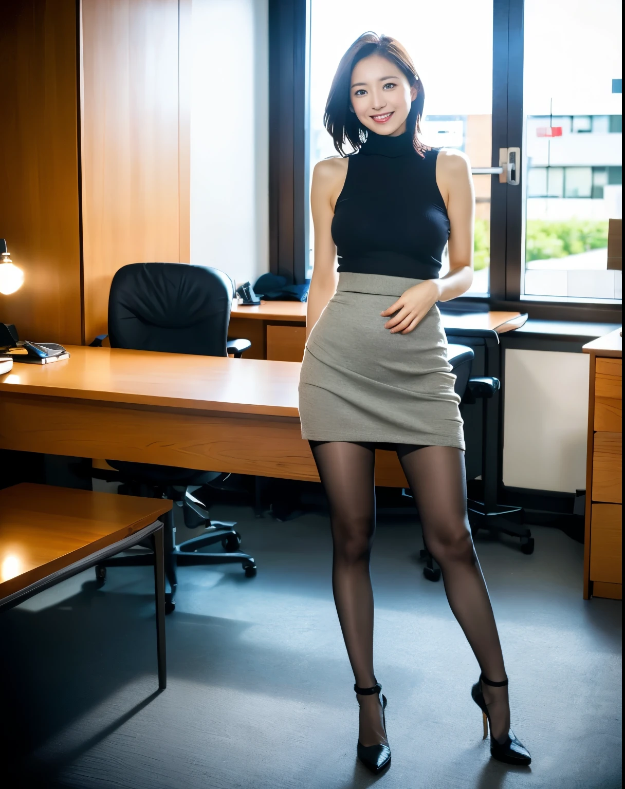 (((masterpiece))), (((highest quality: 1.4))), ((Very detailed: 1.4)) ,Ulzzang-6500-v1.1,  (RAW Photos:1.2), (Realistic), Beautiful details, (Genuine: 1.4), One Woman、Very detailed目と顔, Beautiful and detailed, Standing in the office、(Sleeveless high neck sweater、Knee-length flared skirt:1.3)、(Ultra-realistic pantyhose:1.6、High heels)、Stand with your legs crossed、Large file size, High resolution, Very detailed, highest quality, [masterpiece:1.6], Consciousness upward, Very detailed, Hmph, In detail, highest quality, 8k wallpaper, Cinema Lighting, One Mature Woman, 43 years old, Perfect figure, Cute droopy eyes、Beautiful large eyepiece)), highest quality, One Mature Woman, eye shadow, Portraiture, ((Full Body Shot:1.12))、(A very loving smile:1.2)、 (Random Porn Poses), Natural Skin Shader, Volumetric, Warm shades beneath her skin,