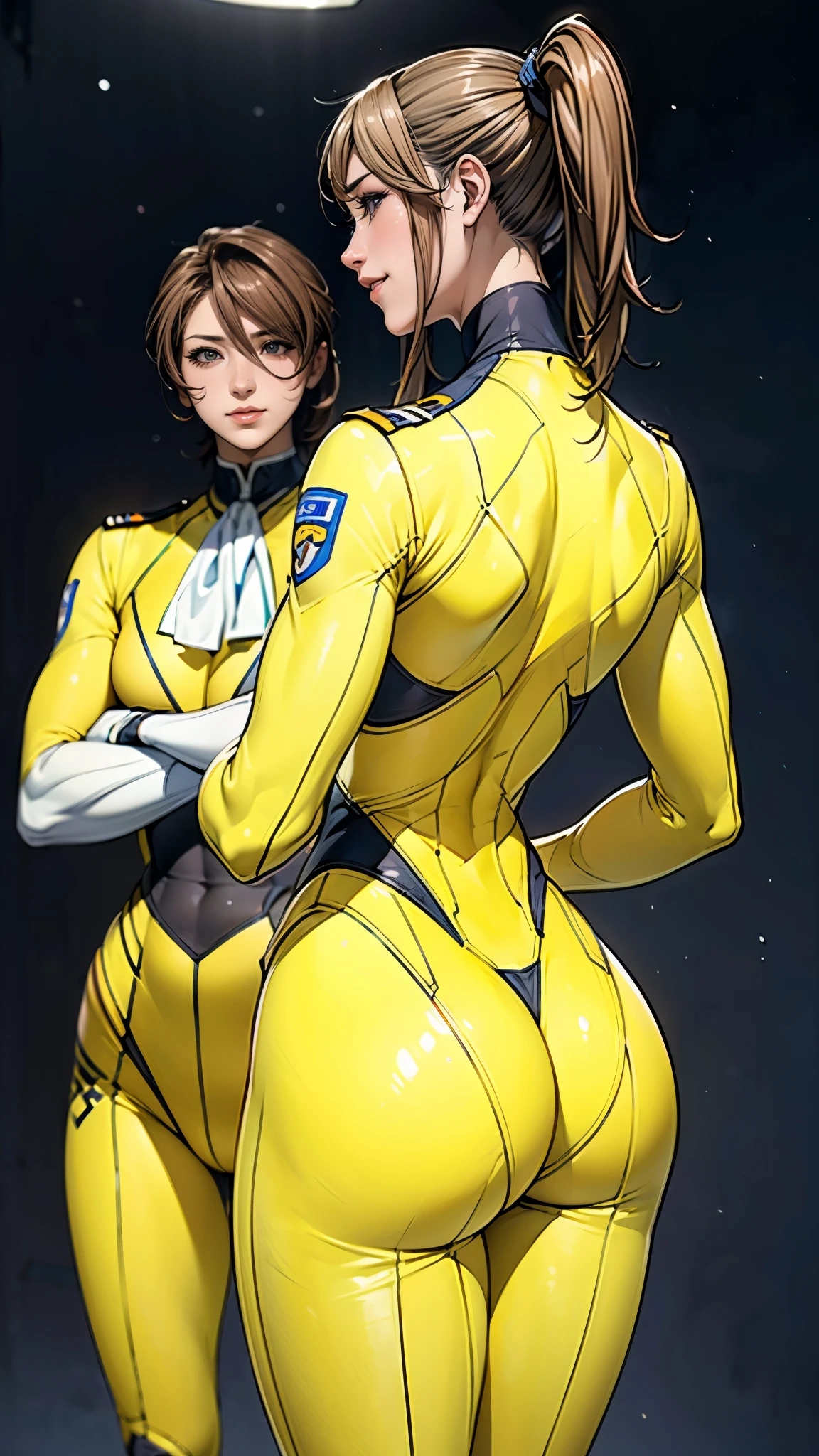 (masterpiece),(highest quality),(Very detailed),(High resolution),(Photorealistic Stick),(Realistic),(8k),(((SFW:1.5))),wallpaper,Perfect lighting,BREAK(One Woman),((MoriYuki:1.5)),(MoriBodysuit, yellow bodysuit, belt:1.5),(MoriUniform, white gloves, military uniform, brown jacket, ascot, belt:1.5),(22 years old),(((Extremely form fitting bodysuit:1.5))),(((Very detailedなボディスーツの描画:1.5))),(Beautiful Eyes:1.5),(Detailed face drawing:1.5),(Detailed face drawing:1.5),((Very detailedな女性の手:1.5)),(Shiny skin:1.0),(((Very muscular:1.5))),((Big Butt:1.5)),(Fleshy),(((Thick thighs:1.5))),(Sensual body),(black background:1.5),(((Blur the background:1.5))),(((Are standing:1.5))),(((Back view:1.5))),(((Grinning:1.5))),((Crossed arms:1.5)))