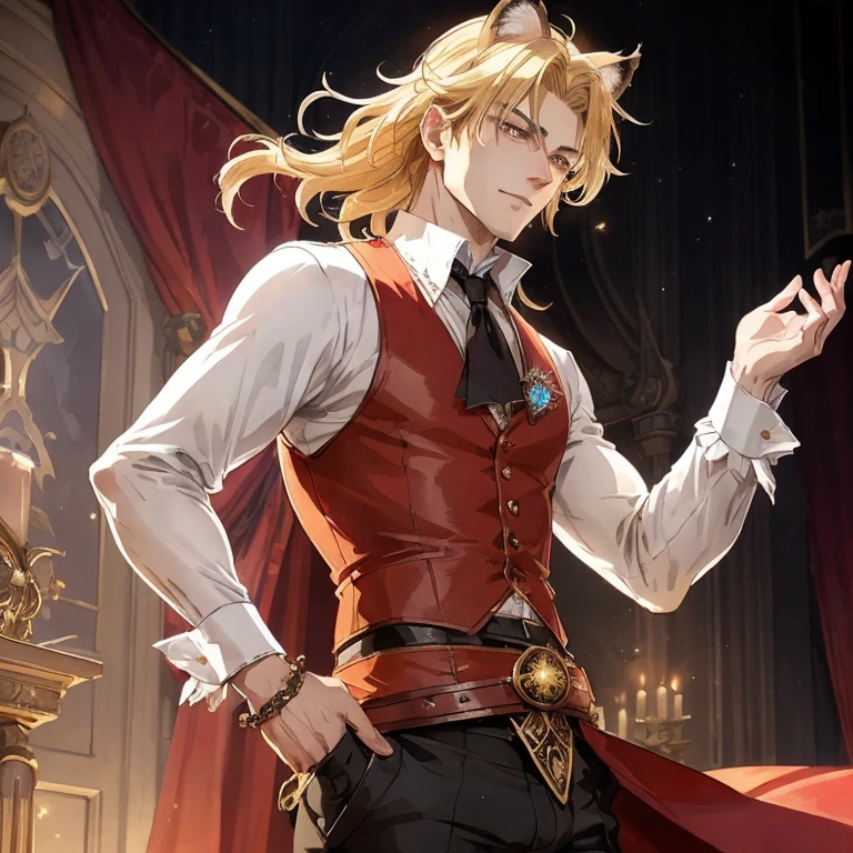 (((unreal engine, 4k high quality, trends of artstation, pixiv,soft render,))) by Joseph Christian Leyendecker,aesthetics of vintage films,   , soft shadows, dark cinematic lighting, floodlight lighting, mystical,,   ((fantasy medieval setting, dnd, solo portrait,)) bard, dramatic artist, theater actor performing on stage, all attention is focused on him,  (close up )(Trickster, A illusionist in a hat, :0.9)(dynamic shot, dynamic angle), rpg game character portrait,  The blond anime prince is 20 years old, (sexy male, 1man, 1boy, prince),androgenic male thin body, (ruffled white shirt with cravat,) ruffle shirt collar, victorian white shirt, an artist in fantasy, (Cat-like tiger ears on his head, neko-boy), (yellow blond hair, shoulder length wavy hair), short unruly hair ((hair tucked behind left ear, wavy forelock covers right eye)), (asymmetrical parting hair), elongated face, detailed beautiful face, ((Black sclera, red irises, Beautiful  demonic eyes)) piercing mysterious gaze, . sly charming smile, raised eyebrows, a relaxed , flirty, kind, curtsy,conceited, Glitter particles, purple-red-brown shades, mucha art deco,  (Schrodinger from Hellsing :1)  background with circus and theatrical motifs, fantasy eater stage and curtain on the background, ,