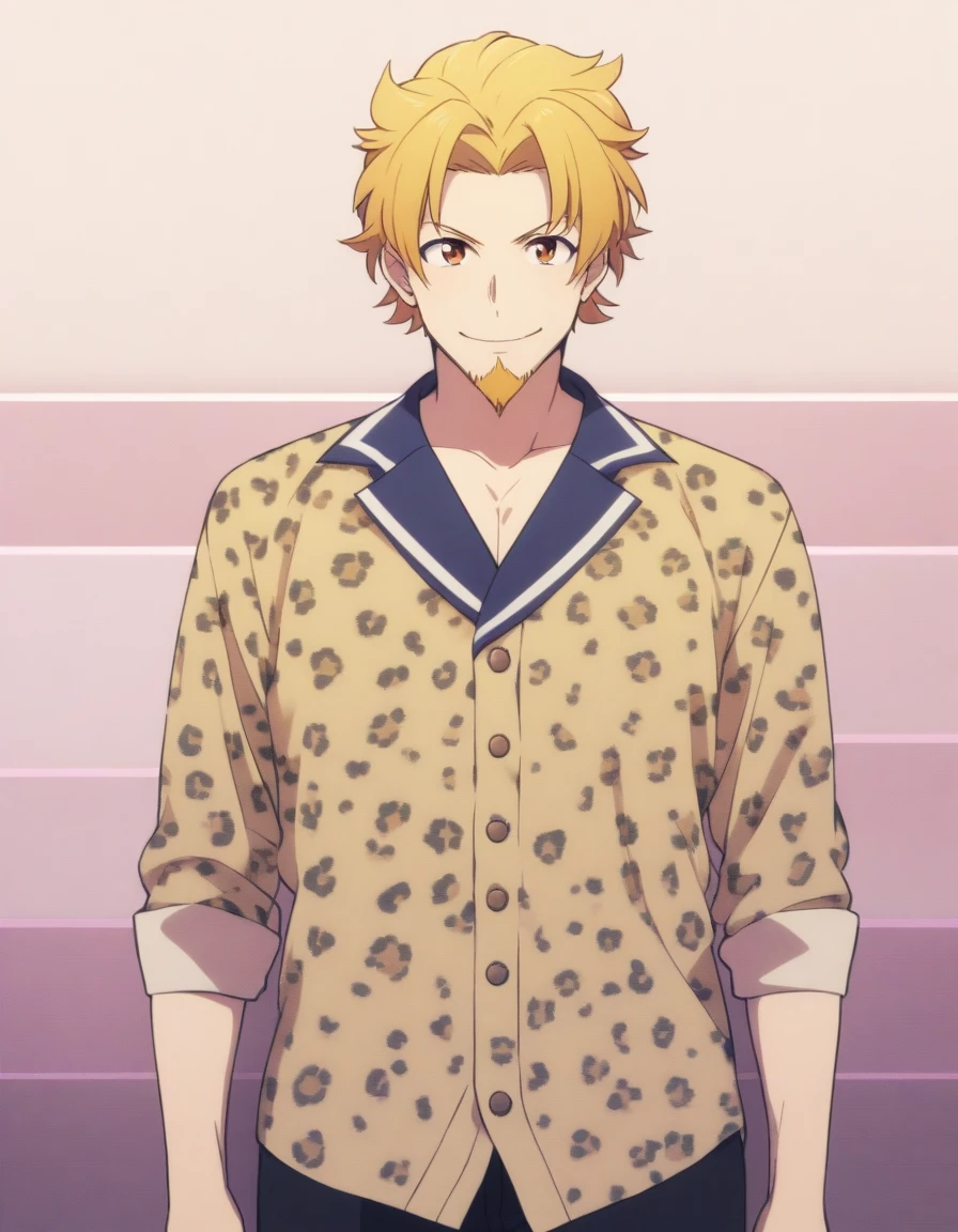 1man, ordinary chinpira, 30yo, brown-blonde, bangs upper, forehead, short hair, smart pentagon face, beige skin, brown eyes, friendly villain, tough guy, beautiful detailed eyes, netori male, mature, blond goatee, short flaped hair, ideal ratio body proportions, solo, upperlegs focus, leopard printed collared shirt, casual fashion, soft grinning, standing, detailed background, cinematic colored, visual novel, caustics, textile shading, 2010s, in eroge style, VHS quality, extreme all detailed, unity 8k wallpaper, sharp vision, masterpiece, best quality