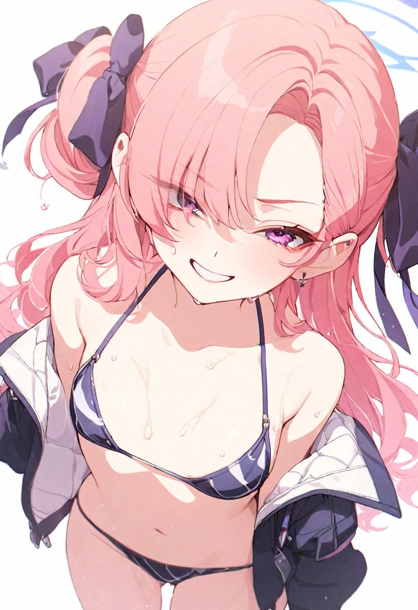 1girl,maruyama aya,{{bang dream!}},{{official art}}, highly detailed,best quality, clear lines,slightly large breasts, censored, mosaic censoring, seductive smile, fun,open mouth, solo focus, sweat, looking at viewer, bangs, collarbone, seductive smile, fun,anime visual of a cute girl,anime best girl,bangs, looking at viewer,breasts,official artwork, offcial art, official artwork, high detailed official artwork,looking at viewer, solo focus,maid bikini,maid headdress,high exposure,(navel :1.2),lying,bed,twintails,thighs,pink hair,pink eyes,solo,only maid bikini,(high exposure :1.2),(mimonel_style :0.5)