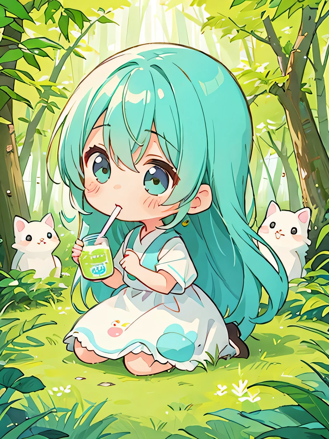 watase Seizo style, Kawaii Design, The most beautiful girl of all time、Chibi, Drinking milk、Colorful and cute forest animals