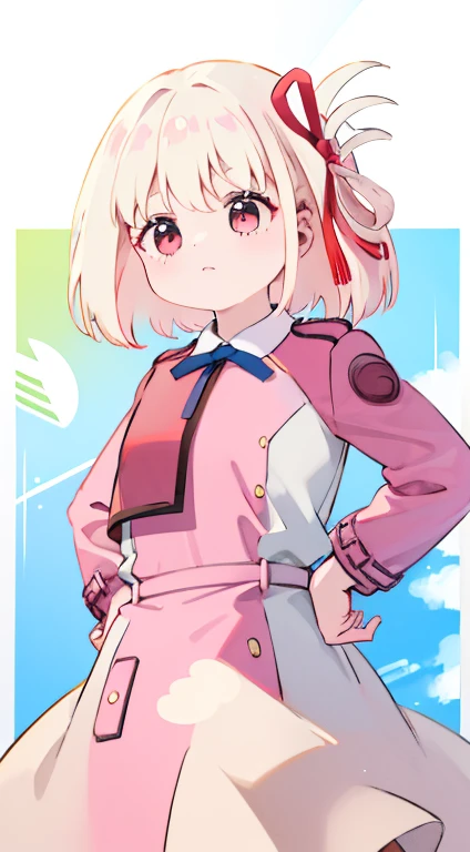 Little、Pink military uniform、Skirt、ribbon、A calm face、happen、Droopy eyes、Put your hands on your hips、masterpiece、Best image quality、highest quality、cute