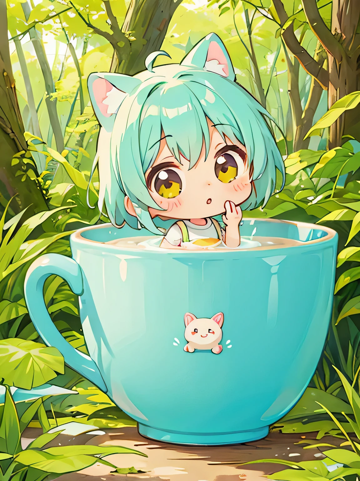 watase Seizo style, Kawaii Design, The most beautiful girl of all time、Chibi, Drinking milk、Colorful and cute forest animals