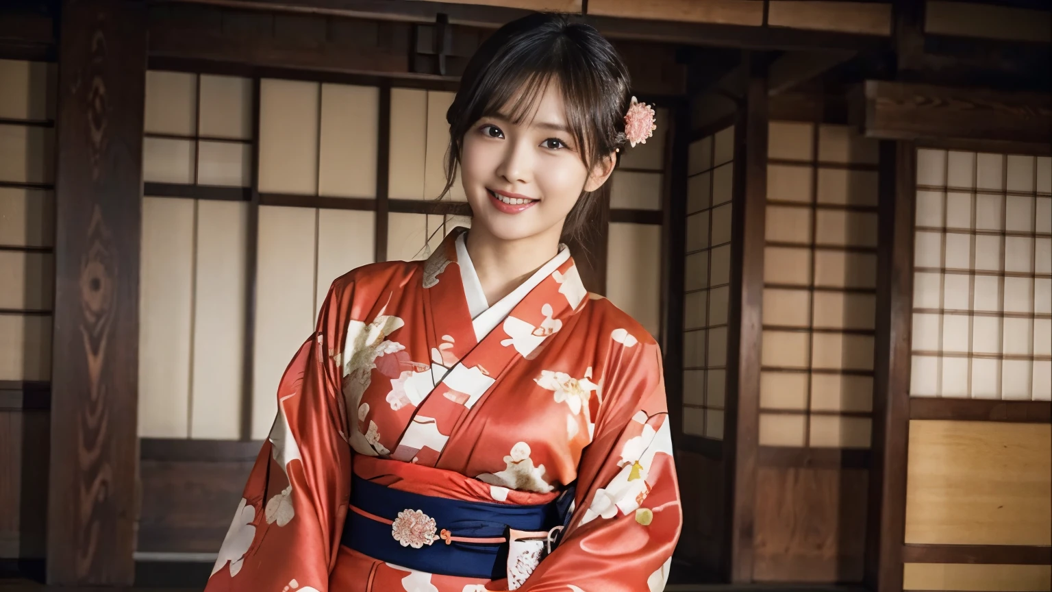 Highly detailed 8k wallpaper, with the best quality, super detailed pussy, Representative works, Reality, realistic pictures, Highly detailed cute girl, 25 years old, ((japanese, kimono, rush)) , round eyes, hair ornaments, Are standing, Upper body, smiling, dancing