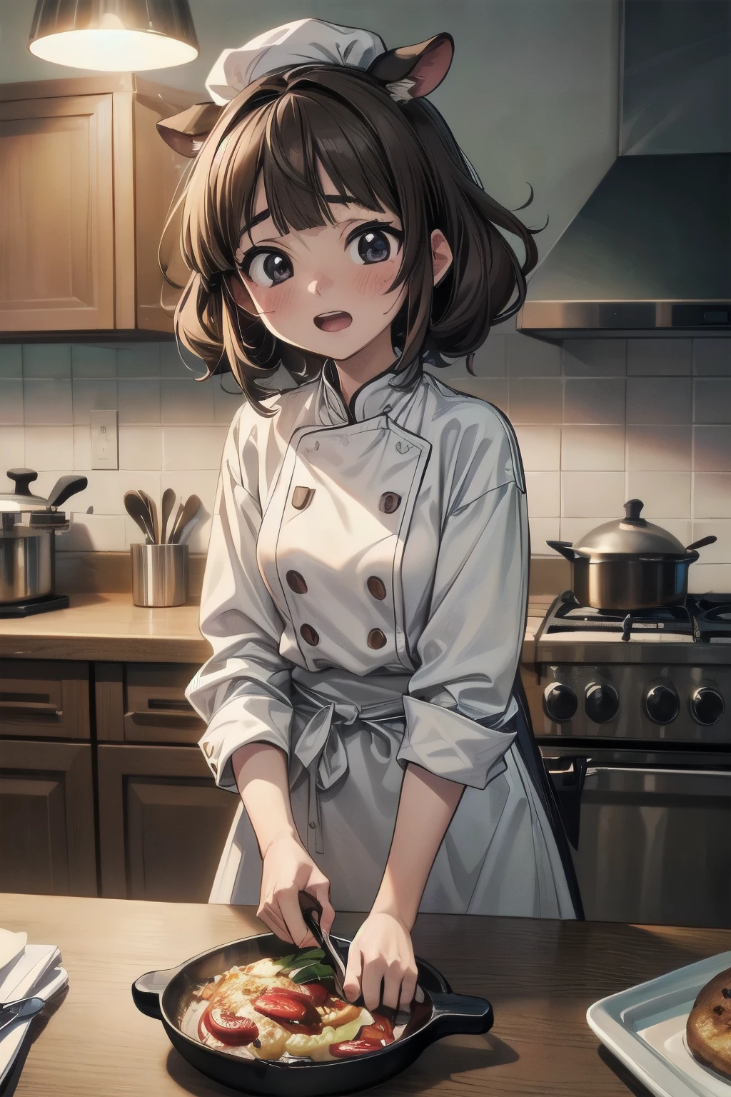 ((Masterpiece)), ((best quality)), (Anime:1.4), (super detail:1.2), (High Definition:1.3), (Professional Photography:1.3), (wide shot), (sharp focus), (perfect light), (()), 1girl, ((wearing chef coat)), chef hat, cinematic lighting, Textured skin, messy hair, (loose blunt bangs), teenage girlealthy slim body), small breasts, cute eyes, ((naughty face)), (open mouth), (put on cow ears), pale brown hair, Cute Beautiful girl, ((Hold the skillet in hand)), Thin accessories, ((in the Spacious kitchen)),
