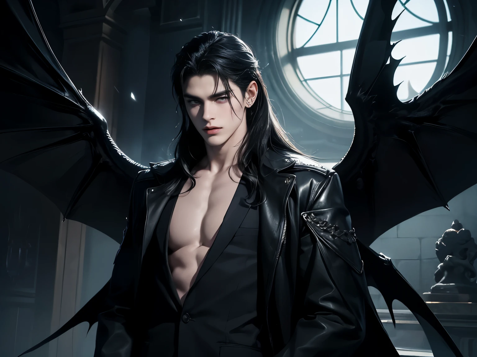 he is a handsome demon, he is 18 years old, he has white skin, he has black demon wings, long black hair