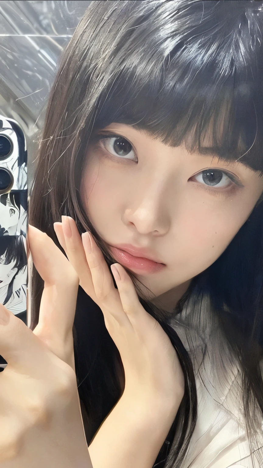 there is a woman taking a selfie with her cell phone, It&#39;s Junji&#39;s style, ela tem cabelo preto com franja, garota de anime na vida real, Sui Ishida com cabelo preto, estilo anime misturado com fujifilm, Junko Enoshima, It&#39;s Junji&#39;s style, Kimi Takemura, penteado com corte hime branco, Ulzzang, Yui Kotegawa
