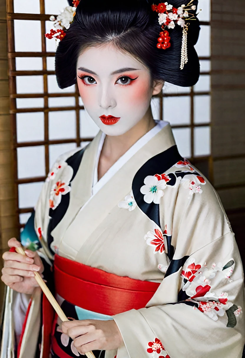 Geisha mirando la camara fija mente mienstras se quita su bata lenta mente