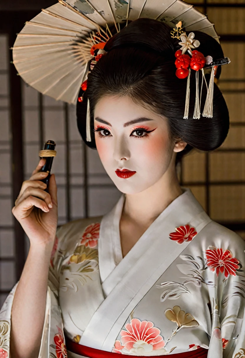 Geisha mirando la camara fija mente mienstras se quita su bata lenta mente