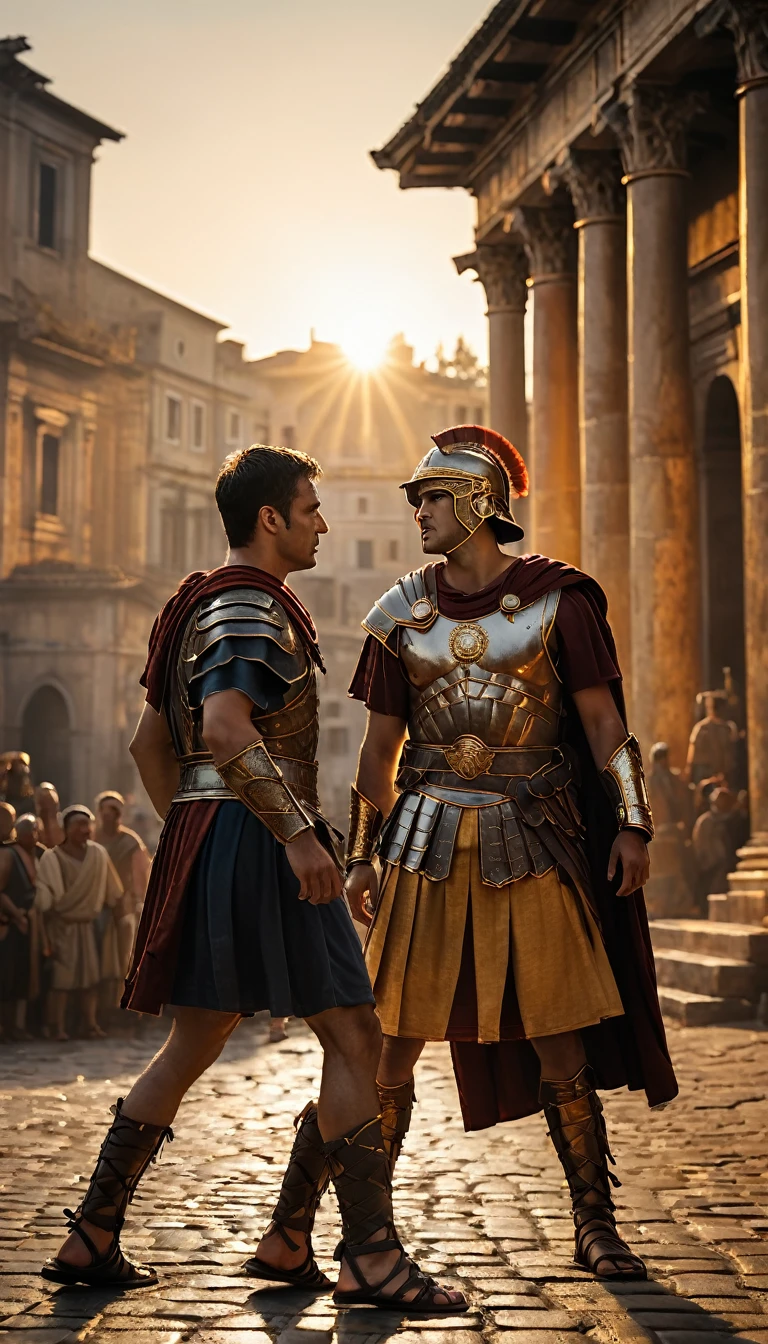 As the sun began to set, The warm golden hues of the sun illuminated his ornate attire, casting a warm glow across the area, Ground-level shot, Intense gladiator duel, set in ancient Rome, historical painting, background dark, hyper realistic, ultra detailed hyper realistic, photorealistic, Studio Lighting, reflections, dynamic pose, Cinematic, Color Grading, Photography, Shot on 50mm lens, Ultra-Wide Angle, Depth of Field, hyper-detailed, beautifully color, 8k, golden light from the front,