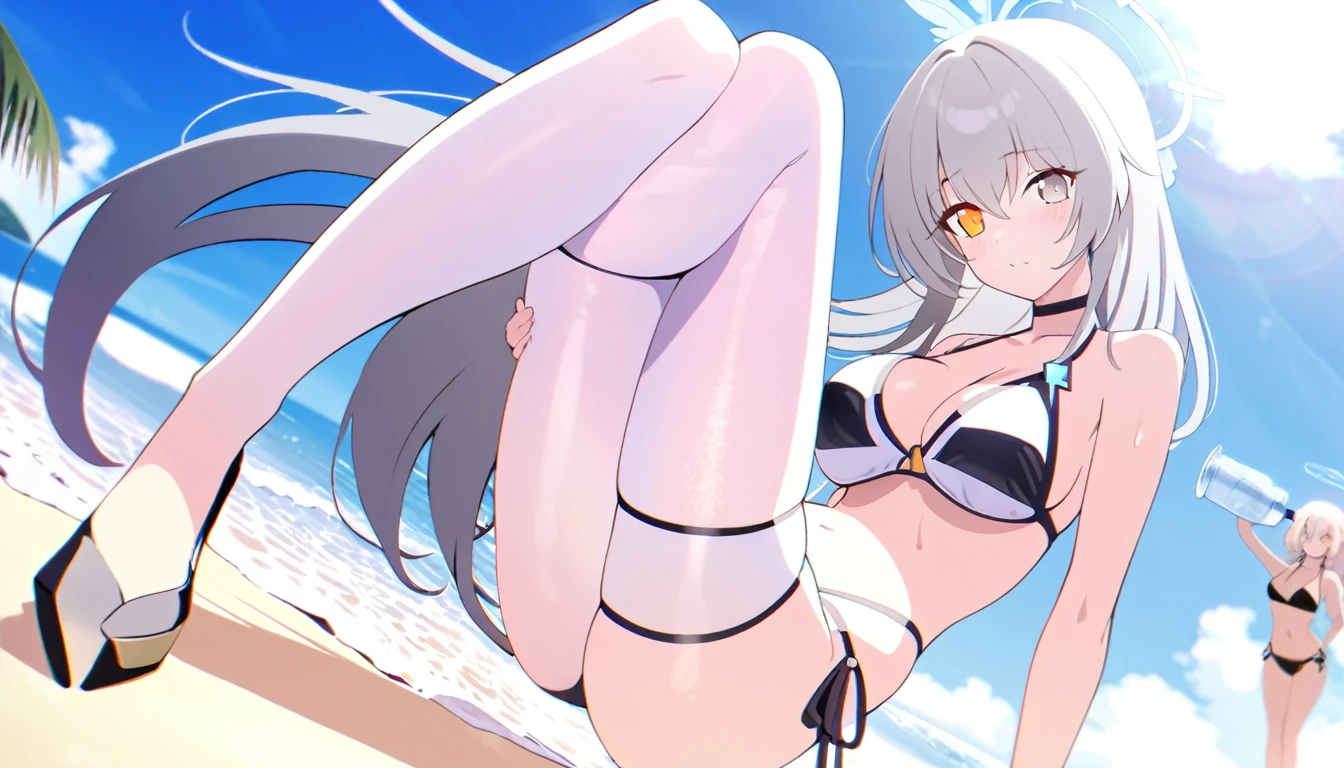 Translucent Zero Water, Good velvet quality, Zero Server, Compared, Divine Light,, Silver gray hair, Sky background, Absolute Strength,Female angels,Girls in sexy bikinis, at the seaside, Colorful jewel-like eyes.,Medium breasts,Full breasts,Golden ratio figure,Perfect body,Ultra wide-angle shooting,Full body shot,Body close-up,Look at the camera。