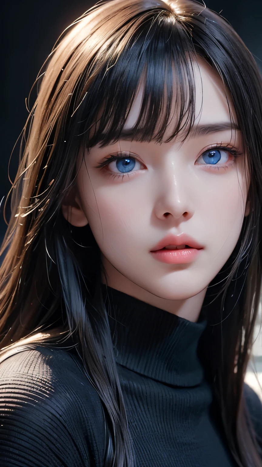 masterpiece, highest quality, Super detailed, Facing the camera, Super detailed, Realistic, Sharp features, Very detailed, Sharp focus, Perfect Face, Perfect Face, Perfect symmetrical perfect eyes, Perfect Plump Lips, Flexible female form, Cinematic, Film Light, Super detailed, hyper Realistic, masterpiece, Atmospheric, High resolution, Vibrant, Dynamic Studio Lighting, ((Dark Background)), The expression when enduring pleasure, Straight bangs, blue eyes,Black sweater, Cowboy Shot,turtleneck、first round、Sexually aroused expression
