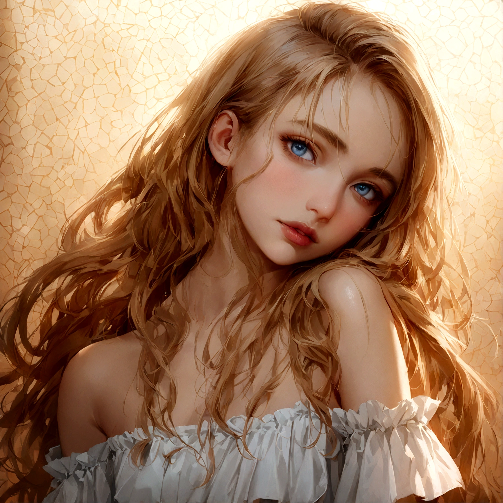 1girl in, age18, Solo, Long hair, Colossal , Looking at Viewer, blondehair, Bare shoulders, jewely, Full body, (extremely detailed 8k wallpaper), soft lighting, high quality, film grain, Fujifilm XT3 sharp focus, f 5.6, High Detail, Sharp focus,(natural light), (closeup:1.2), (seductive), off shoulders T-shirt, Realistic, A sexy, cute blue eyes