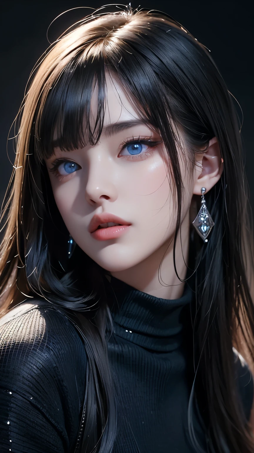 masterpiece, highest quality, Super detailed, Facing the camera, Super detailed, Realistic, Sharp features, Very detailed, Sharp focus, Perfect Face, Perfect Face, Perfect symmetrical perfect eyes, Perfect Plump Lips, Flexible female form, Cinematic, Film Light, Super detailed, hyper Realistic, masterpiece, Atmospheric, High resolution, Vibrant, Dynamic Studio Lighting, ((Dark Background)), The expression when enduring pleasure, Straight bangs, blue eyes,Black sweater, Cowboy Shot,turtleneck、first round、Sexually aroused expression