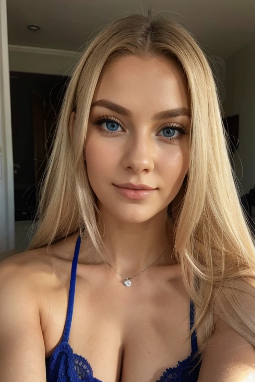generate me the photo of the woman with beautiful platinum blonde hair with blue eyes she is in her twenties in age, en image selfie est qui est dubai