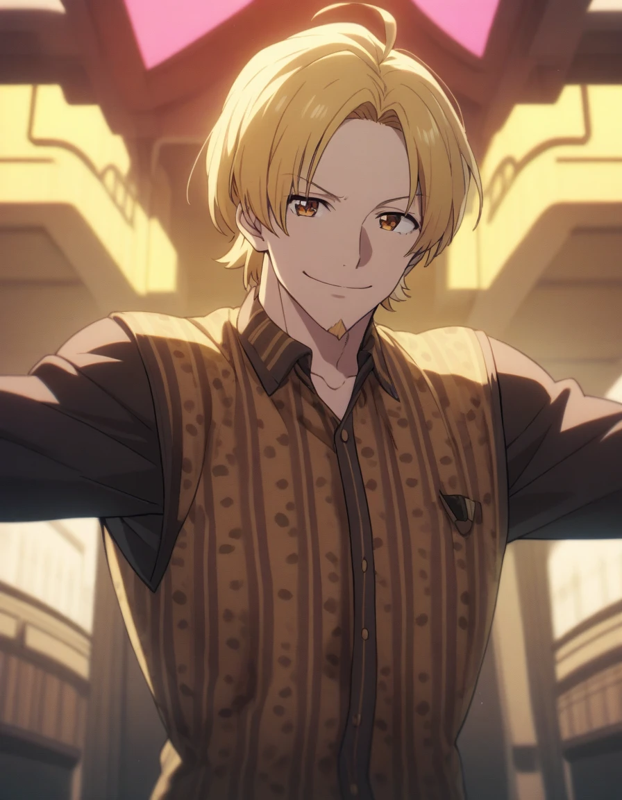 1man, ordinary chinpira, 30yo, brown-blonde, bangs upper, forehead, short hair, smart pentagon face, beige skin, netori male, brown eyes, friendly, tough guy, beautiful detailed eyes, mature, blond goatee, short flaped hair, ideal ratio body proportions, solo, upperlegs focus, leopard printed collared shirt, soft grinning, standing, detailed background, cinematic colored, visual novel, caustics, textile shading, 2010s, in eroge style, VHS quality, extreme all detailed, sharp vision, masterpiece, best quality