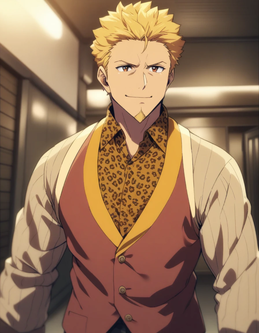 1man, ordinary chinpira, 30yo, brown-blonde, bangs upper, forehead, short hair, smart pentagon face, beige skin, netori male, brown eyes, friendly, tough guy, beautiful detailed eyes, mature, blond goatee, short flaped hair, ideal ratio body proportions, solo, upperlegs focus, leopard printed collared shirt, soft grinning, standing, detailed background, cinematic colored, visual novel, caustics, textile shading, 2010s, in eroge style, VHS quality, extreme all detailed, sharp vision, masterpiece, best quality