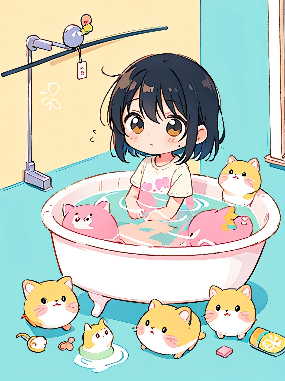 watase Seizo style, Kawaii Design, The most beautiful girl of all time、Chibi, Take a bath、Colorful and cute animals, Hopes mind