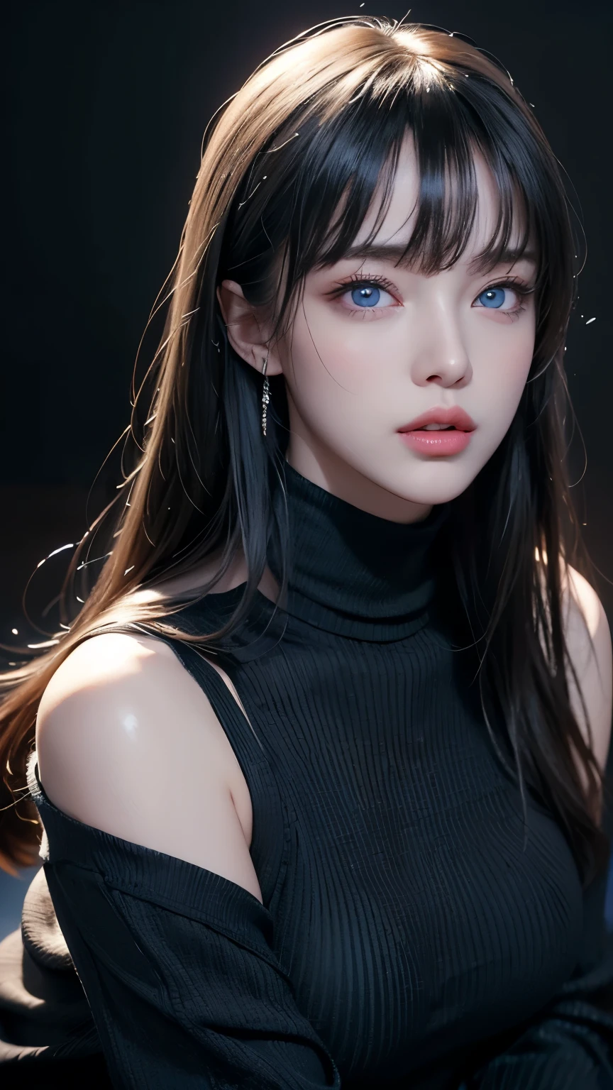masterpiece, highest quality, Super detailed, Facing the camera, Super detailed, Realistic, Sharp features, Very detailed, Sharp focus, Perfect Face, Perfect Face, Perfect symmetrical perfect eyes, Perfect Plump Lips, Flexible female form, Cinematic, Film Light, Super detailed, hyper Realistic, masterpiece, Atmospheric, High resolution, Vibrant, Dynamic Studio Lighting, ((Dark Background)), The expression when enduring pleasure, Straight bangs, blue eyes,Black sweater, Cowboy Shot,turtleneck、first round、Sexually aroused expression