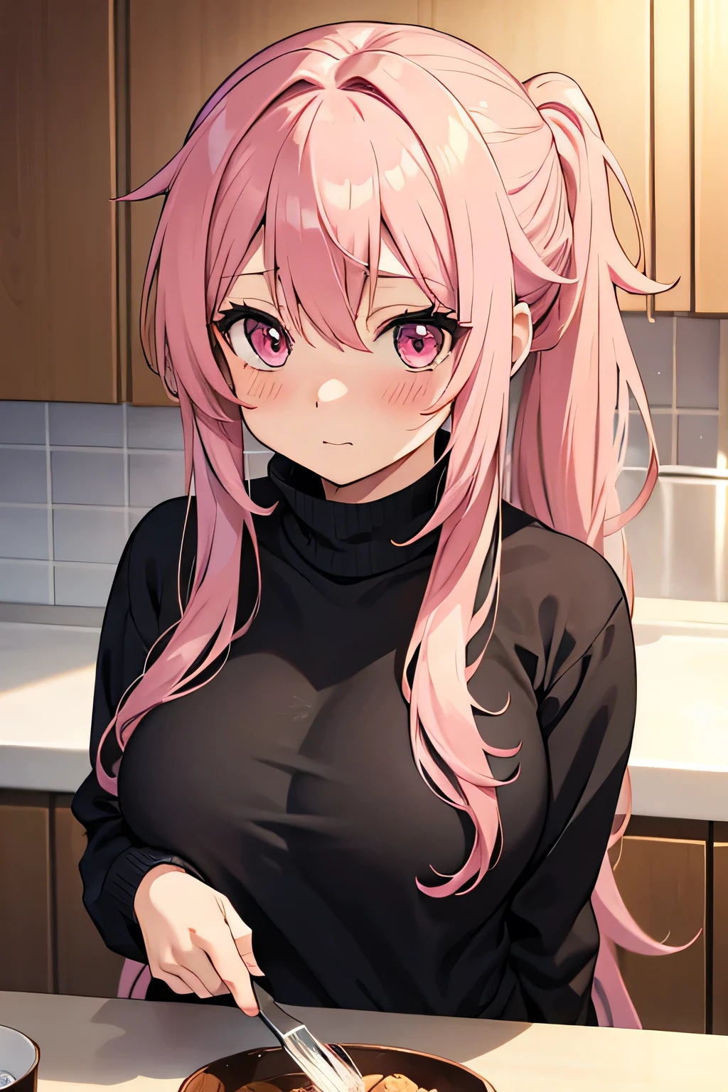 adult, cute anime girl, pink hair, long hair, pink eyes, big tits, messy hair, wearing black sweater, hair tied in two, blushing, in kitchen
