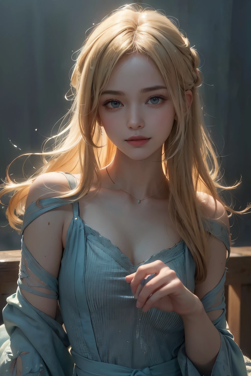 (ultra realisic), (Resolution Enhancement), (8K), (Extremely detailed), (beautiful-detailed eyes), (Best Quality), (The ultra-detailliert), (Masterpiece ), ( wall paper), (Detailed face),a blond, Wavy hair,(hi-top fade:1.3), (Smiling broadly, bright look), dark theme, soothing tones, muted colors, High contrast, (Natural skin texture, hyperrealism, Soft light, edgy),exposure blend, medium shot, Bokeh, (HDR:1.4), High contrast, (films, teal and orange:0.85), (muted colors, faded colors, soothing tones:1.3), Low saturation, (hyperdetailed:1.2), (black:0.4)