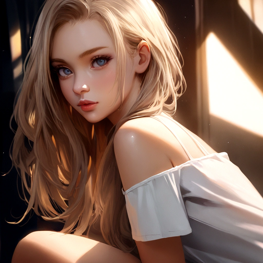 1girl in, age18, Solo, Long hair, Colossal , Looking at Viewer, blondehair, Bare shoulders, jewely, Full body, (extremely detailed 8k wallpaper), soft lighting, high quality, film grain, Fujifilm XT3 sharp focus, f 5.6, High Detail, Sharp focus,(natural light), (closeup:1.2), (seductive), off shoulders T-shirt, Realistic, A sexy, cute blue eyes