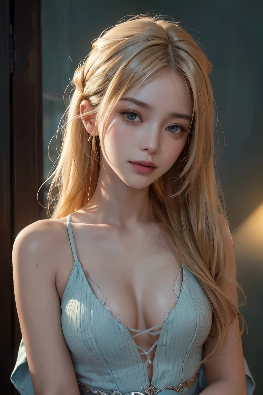 (ultra realisic), (Resolution Enhancement), (8K), (Extremely detailed), (beautiful-detailed eyes), (Best Quality), (The ultra-detailliert), (Masterpiece ), ( wall paper), (Detailed face),a blond, Wavy hair,(hi-top fade:1.3), (Smiling broadly, bright look), dark theme, soothing tones, muted colors, High contrast, (Natural skin texture, hyperrealism, Soft light, edgy),exposure blend, medium shot, Bokeh, (HDR:1.4), High contrast, (films, teal and orange:0.85), (muted colors, faded colors, soothing tones:1.3), Low saturation, (hyperdetailed:1.2), (black:0.4)