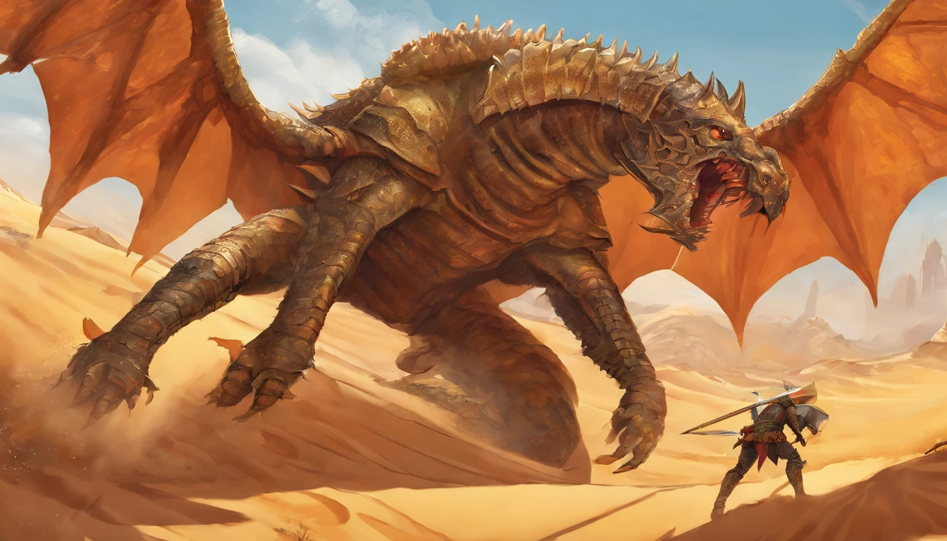 Fantasy, absurde, a highly detailed digital painting of a knight crusader fighting a huge monster scorpion on the sands of the middle eastern desert, extremely realistic, intricate armor, detailed facial features, dramatic lighting, warm desert colors, cinematic composition, dramatic action pose, detailed scorpion anatomy, sand effects, volumetric lighting, dust particles, photorealistic, 8k, masterpiece