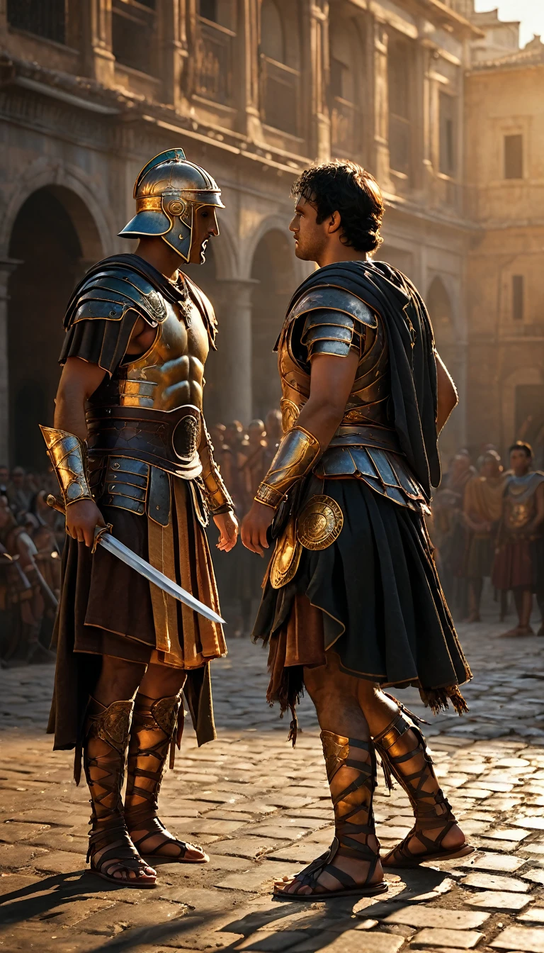 As the sun began to set, The warm golden hues of the sun illuminated his ornate attire, casting a warm glow across the area, Ground-level shot, Intense gladiator duel, set in ancient Rome, historical painting, background dark, hyper realistic, ultra detailed hyper realistic, photorealistic, Studio Lighting, reflections, dynamic pose, Cinematic, Color Grading, Photography, Shot on 50mm lens, Ultra-Wide Angle, Depth of Field, hyper-detailed, beautifully color, 8k, golden light from the front,
