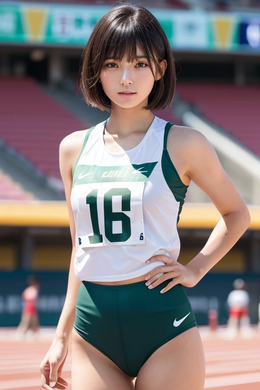 (High resolution:1.3), (16k, Realistic, RAW Photos, Best image quality: 1.4), Japanese, (One Girl), Beautiful Face, (Lively Faces), (Black-haired、short hair:1.3、bangs:1.2), Beautiful Hairstyles, Realistic eyes, Beautiful and detailed eyes, (Realistic Skin), Beautiful skins, Charm, 超A high resolution, Surreal, High detail, Golden Ratio, Highly detailed cute girl,(20-year-old), (Athletics Stadium、Track and Field:1.5)