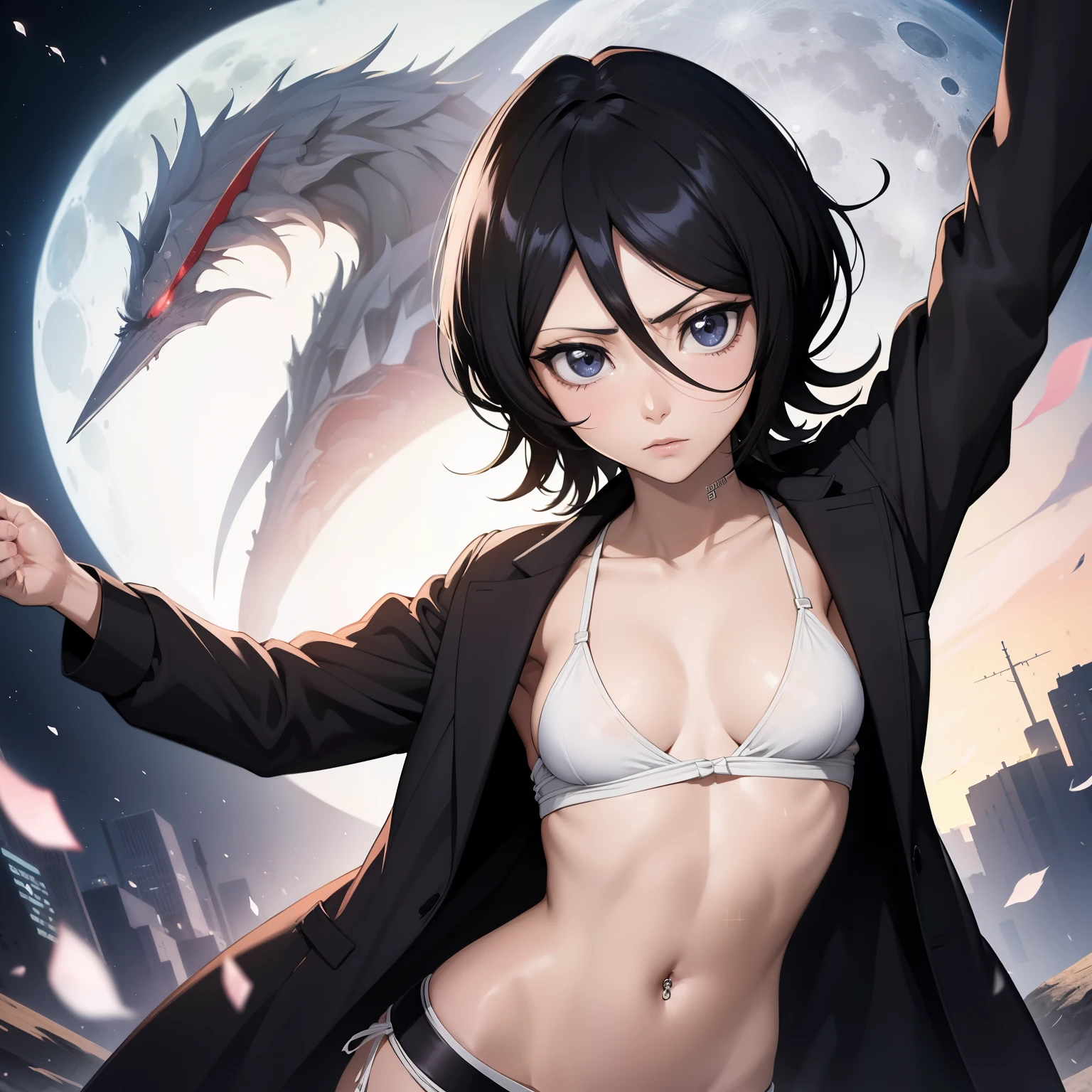 Rukia ,1girl , anime , masterpiece  , Black color hair, jaqueta aberta open clothes ,flat  chest  ,no bra,  pantie  , long socks,  angry ,Belly button piercing ,sexy , hands on waist  . Background moon . 