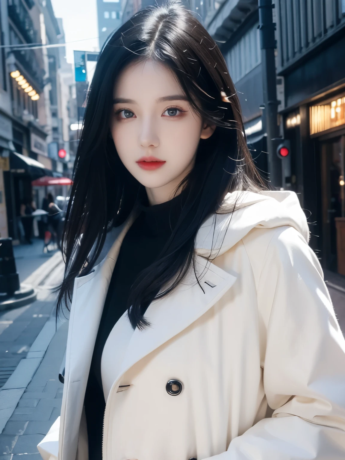 beautiful girl，Full body portrait，With realistic black eyes, Pale skin, Medium-length black hair, Perfect face, Perfect eyes, wearing a coat, Very detailed, Comprehensive Movies, number, 8k, Movie Lighting, best quality, high resolution, detailed work, Post-processing, perfect result, Surreal