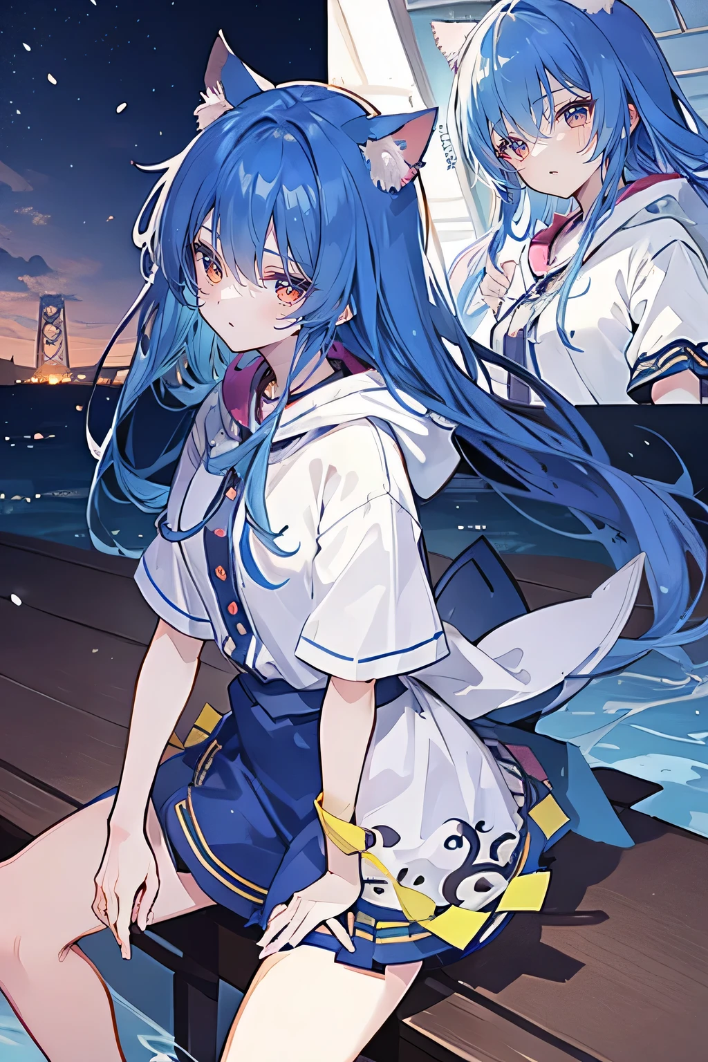 (masterpiece:1.2),Super detailed,lifelike,Expressive eyes,fair skin,perfect face shape,1 girl,
Japanese comics,Gorgeous blue hair,flowing blue hair,flowing clothes,Cat ears,Petals fall,beautiful lola,Baby Angel,sunrise,
Shaking head with one hand,Cross your legs,Gentle and peaceful background,The pavilion is cool and comfortable,smile, wearing hoodie, background of tokyo,back views,snowing, winter,seaside,wet clothes,A smile,A faint smile,。