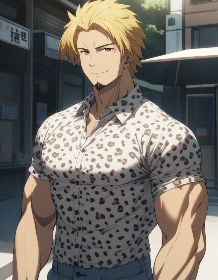 1man, ordinary chinpira, 30yo, brown-blonde, bangs upper, forehead, short hair, smart pentagon face, beige skin, netori male, brown eyes, friendly, tough guy, beautiful detailed eyes, mature, blond goatee, short flaped hair, masculine, ideal ratio body proportions, solo, upperlegs focus, collared shirt, black leopard printed shirt, summer fashion, soft grinning, standing, detailed background, cinematic colored, visual novel, caustics, textile shading, 2010s, in eroge style, VHS quality, extreme all detailed, sharp vision, masterpiece, best quality