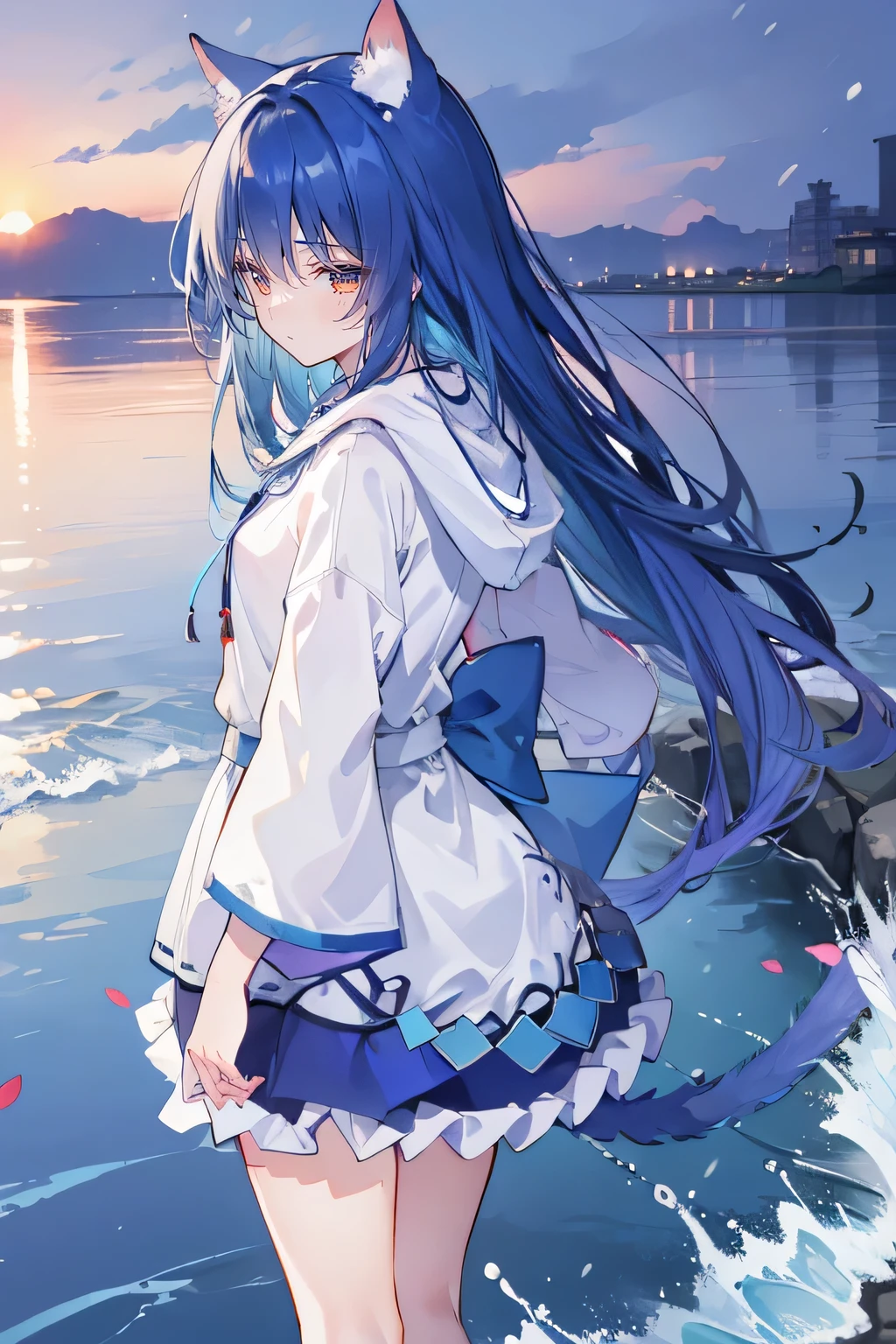 (masterpiece:1.2),Super detailed,lifelike,Expressive eyes,fair skin,perfect face shape,1 girl,
Japanese comics,Gorgeous blue hair,flowing blue hair,flowing clothes,Cat ears,Petals fall,beautiful lola,Baby Angel,sunrise,
Shaking head with one hand,Cross your legs,Gentle and peaceful background,The pavilion is cool and comfortable,smile, wearing hoodie, background of tokyo,back views,snowing, winter,seaside,wet clothes,A smile,A faint smile,。