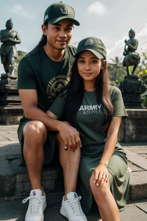 3D caricature, a couple, (the man is wearing an army green shirt with a dark gray t-shirt, wearing a dark green baseball cap, dark blue sneakers), (the woman has long hair, wearing a white knee-length dress with a thin black belt, wearing bright gray sneakers, she is leaning on her boyfriend), they look happy and loving, the background is the GWK statue, Bali, soft light.