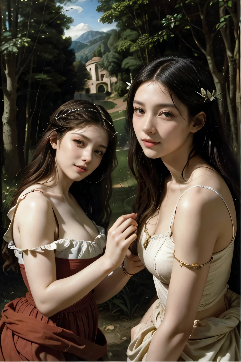 Giorgione painting style,Barbizon forest A beautiful woman in Greek dress smiles on the shore,Sweet and seductive appearance.、Caravaggio's paintings、Chiaroscuro of Caravaggio、hair tousled by the wind,Two women frolicking,cute smile, expression of ecstasy,Sexy,erotic, full body portrait