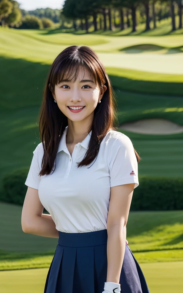 Highly detailed CG Unity 8k wallpaper, with the best quality, Super detailed, masterpiece, realistic, Realistic Photos, Highly detailed cute girl, 19 years old, solo、slender, tall 165cm, (y golf wear) , (golf micro mini flared skirt) , (hugging a golf driver),  (wearing golf gloves), （Turn around）、smile , round eyes, slender body, natural breewers watching, full body shot , ah golf course , Sun visor, （panties）,