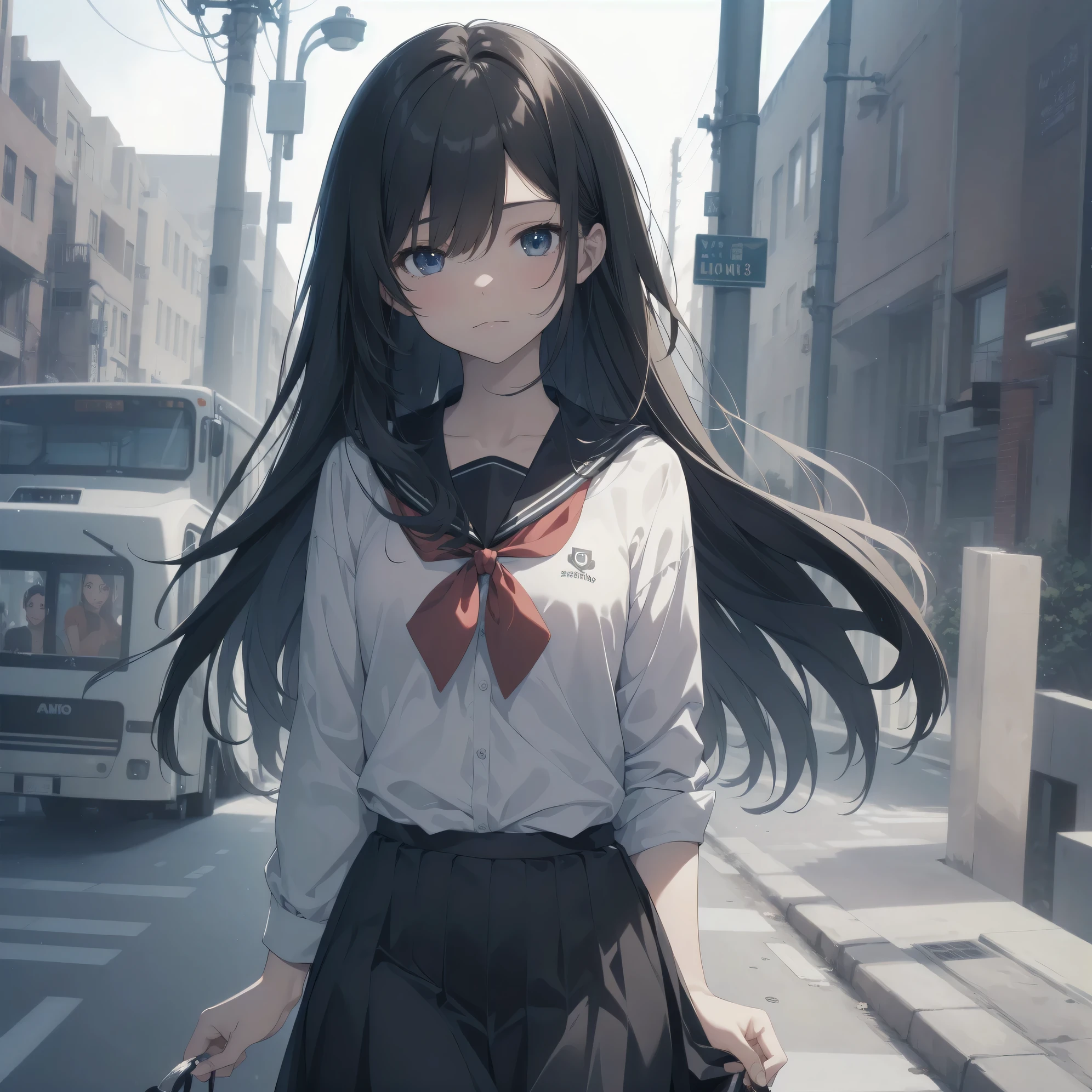 ultra-absurdres-Top quality by artist God, ultra-detailed, high resolution, anime moe artstyle, best anime 8k konachan wallpaper, pixiv contest winner, pool:2810, perfect anatomy,break, 1girl, (Please draw a girl walking sleepily to school alone. )break,(Solo,little female, 13-year-old:1.3),Full limbs, complete fingers,a junior high school student, (very short hair), short cut, flat chest, , small butt, small black eyes, beautiful detailed eyes, well-proportioned iris and pupils, expressive eyes, highres detailed hair, soft expression, salor school_uniform, sailor collar, serahuku, bow, pleated skirt,(Detailed Lighting), (Detailed background), in the School commute route. break,super detailed skin, Best cinematic lighting powered by famous artist, 8k,beauty illustration,photoshop_(medium),very aesthetic,break,((artist:sayori_(neko_works) )), artist:clamp ,artist:carnelian ,artist:kantoku ,